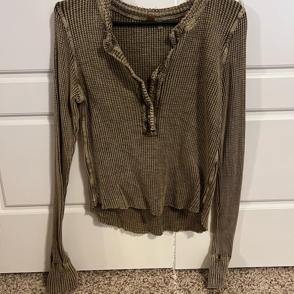 Free People Green Ribbed Long Sleeve Button Down Shirt